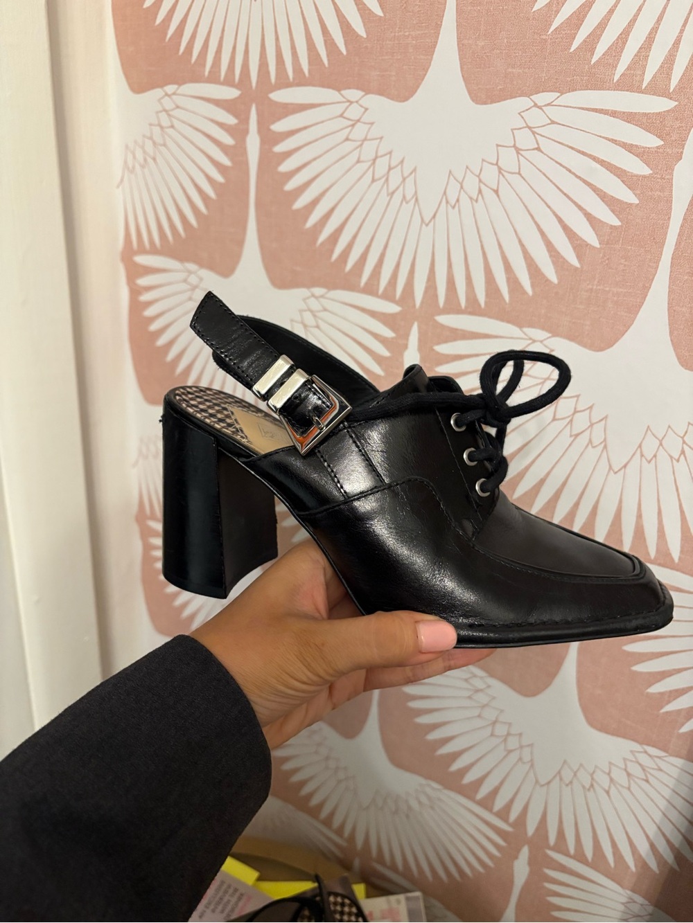 ANTONIO MELANI Black Leather Lace-Up Slingback Block Heel